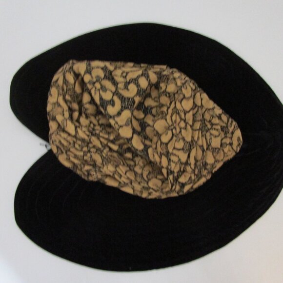 Soft Velvet Floppy Brim Hat Black Velveteen Gold Lace Packable
